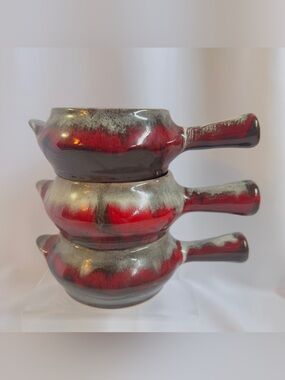 Rainbow Pottery Canada Red and Gray Drip Glaze Ceramic Handled Bowls - Set of 3